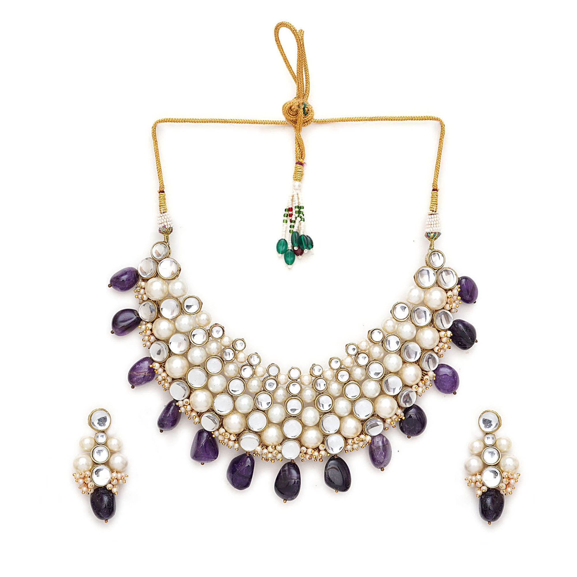 Luxury Kundan and Pearl Choker Necklace Set with Purple Amethyst Beads – Traditional Indian Bridal Jewelry with Adjustable Gold Thread and Matching Earrings.