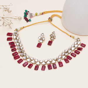 Ruby Kundan Drop Necklace Set With Matching Earrings