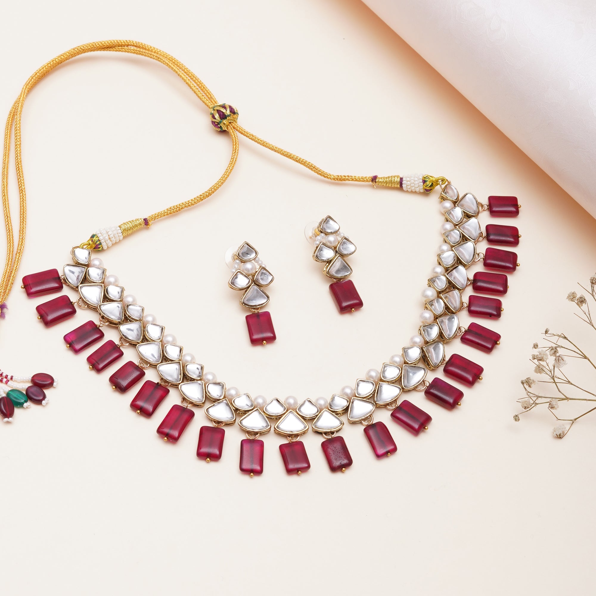 Ruby Kundan Drop Necklace Set With Matching Earrings
