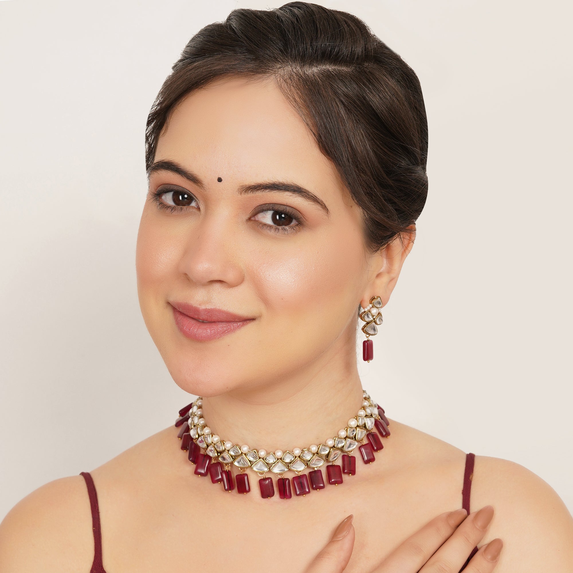 Ruby Kundan Drop Necklace Set With Matching Earrings