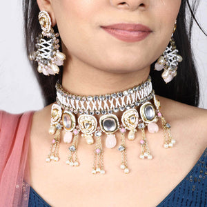 Kundan choker set in gold-tone with matching earrings and long bridal necklace, perfect for wedding functions , festive and bridal wear