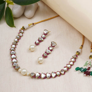 Kundan choker set in gold-tone with matching earrings and long bridal necklace, perfect for wedding functions , festive and bridal wear