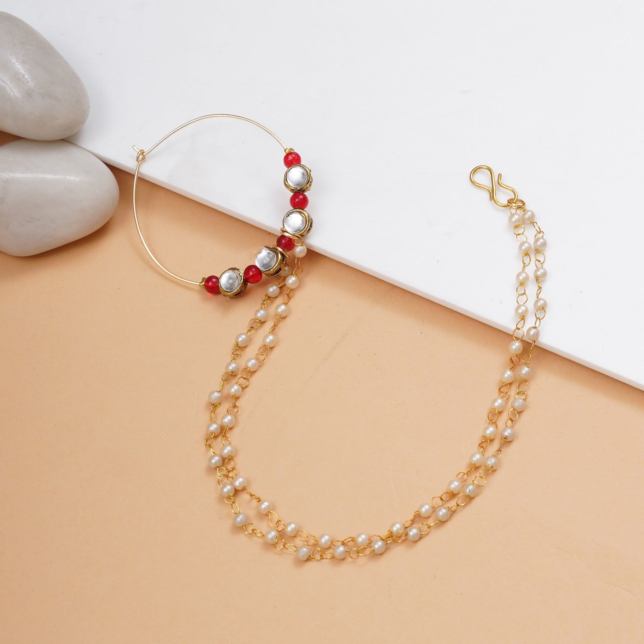 Traditional Indian bridal nath with kundan stones, Red beads, and pearl hair chain Indian Nathiya Nathani Nose Ring