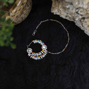 Traditional Indian bridal nath with kundan stones, green beads, and pearl hair chain Indian Nathiya Nathani Nose Ring