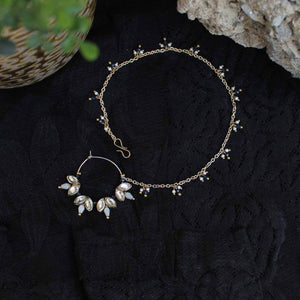 Traditional Indian bridal nath with kundan stones, green beads, and pearl hair chain Indian Nathiya Nathani Nose Ring