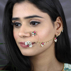 Traditional Indian bridal nath with kundan stones, green beads, and pearl hair chain Indian Nathiya Nathani Nose Ring