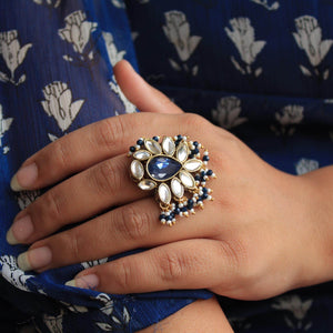 Beabhika Handmade Artificial Jewelry Gold Tone Adjsutable Kundan Ring Blue Kundan Rings Daily Wear Part Wear Traditional Kundan Jewelry Statement Small Fashion Ring Cocktail Ring Set White Kundan Ring Blue Color Adjustable Rings Available On COD In India Delhi Traditional Heeramandi Style Jewelry