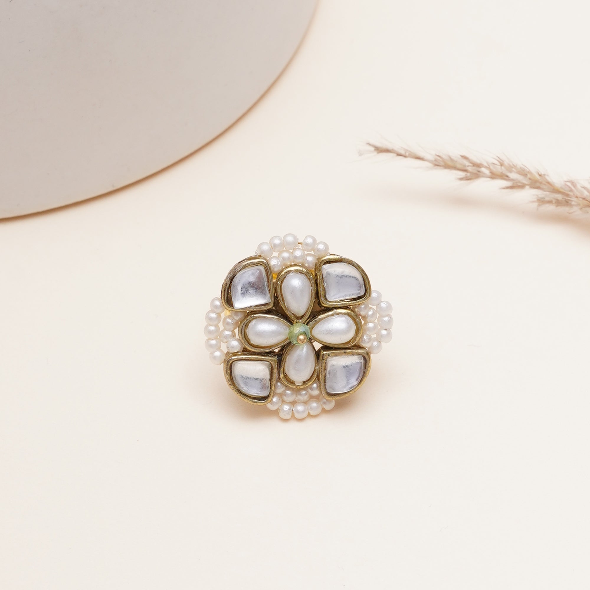 Kundan & Pearl Bloom Adjustbale Ring