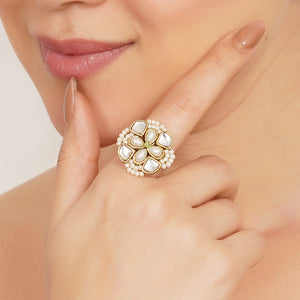 Kundan & Pearl Bloom Adjustbale Ring