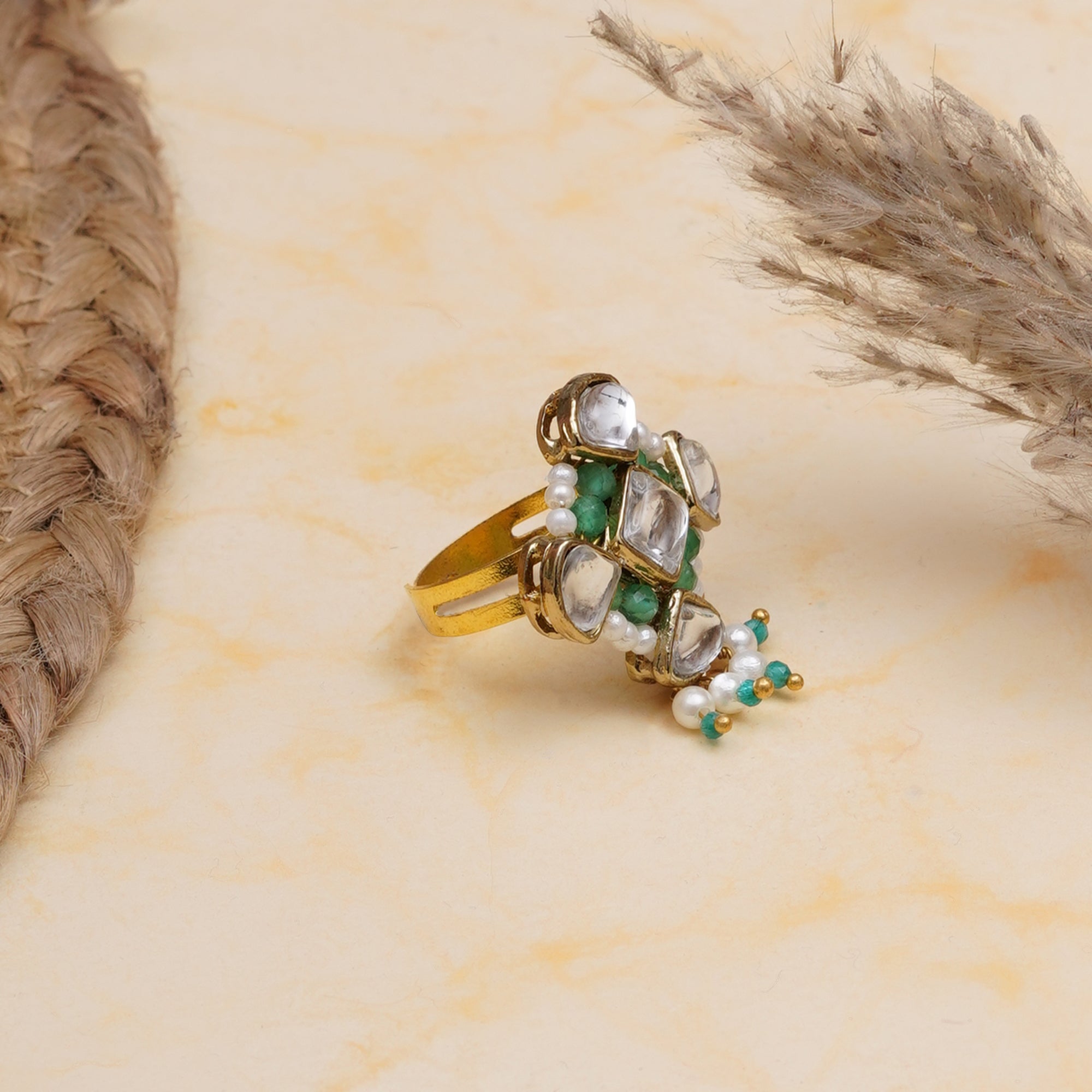 Emerald Green Kundan Pearl Ring