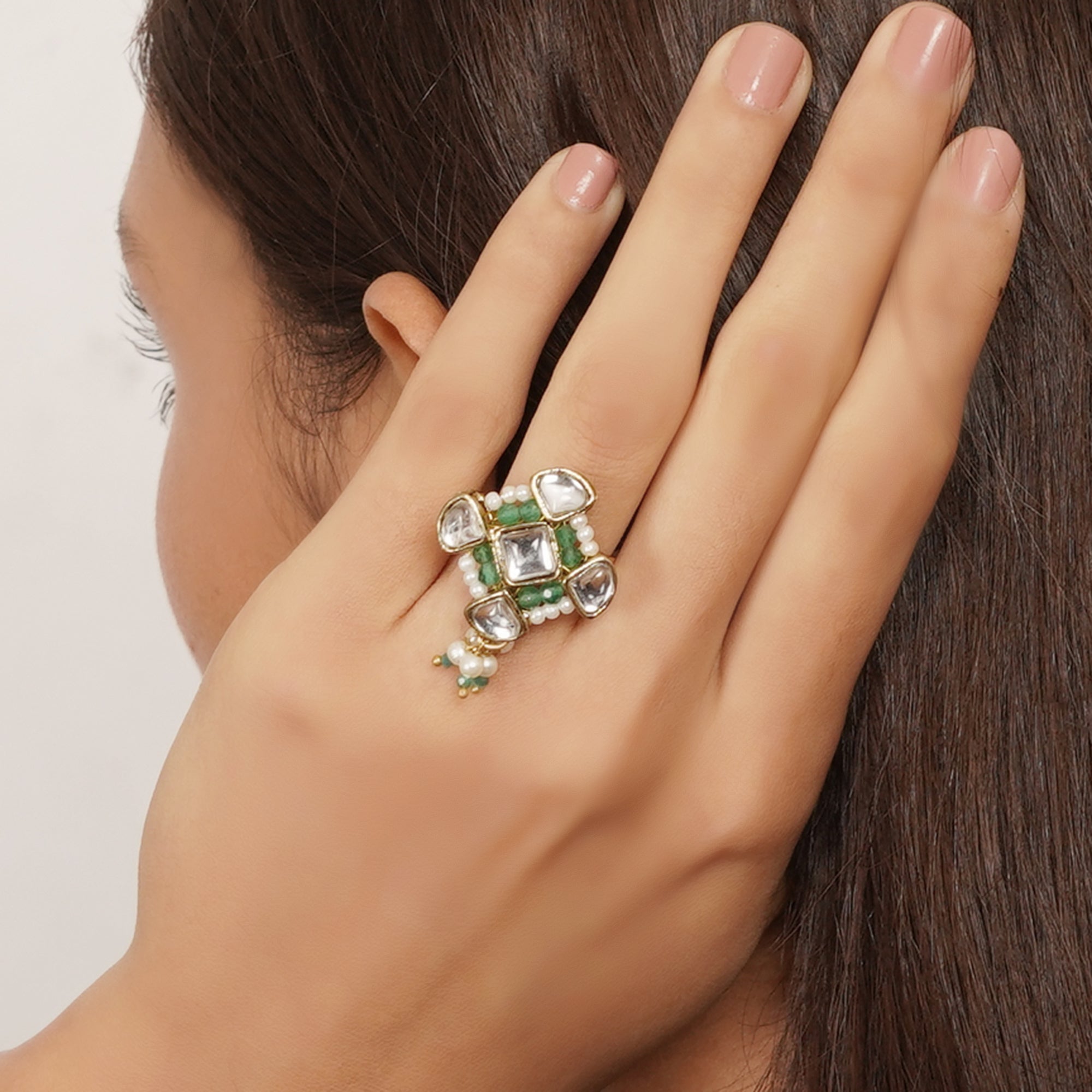 Emerald Green Kundan Pearl Ring