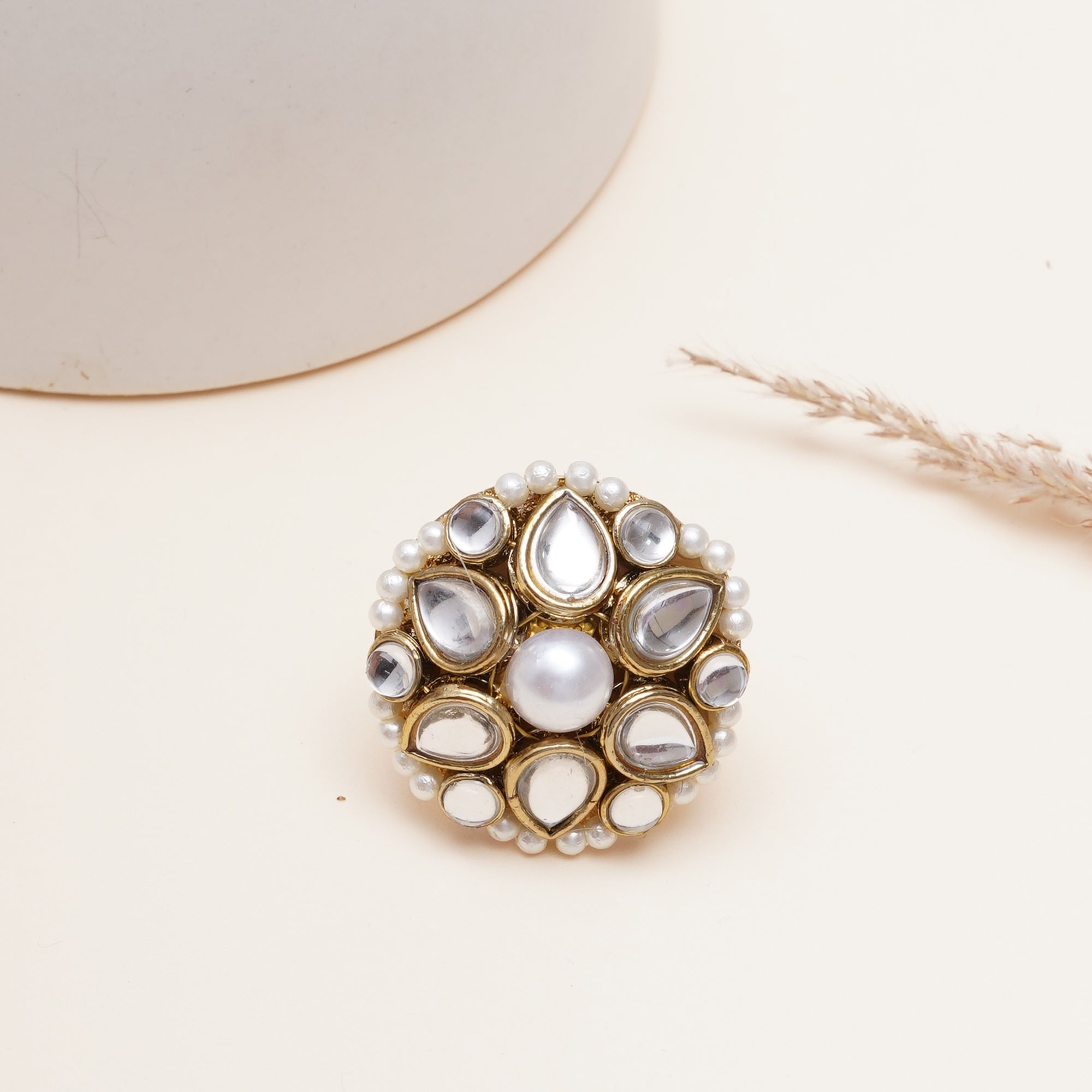 Pearl Kundan Floral Statement Ring