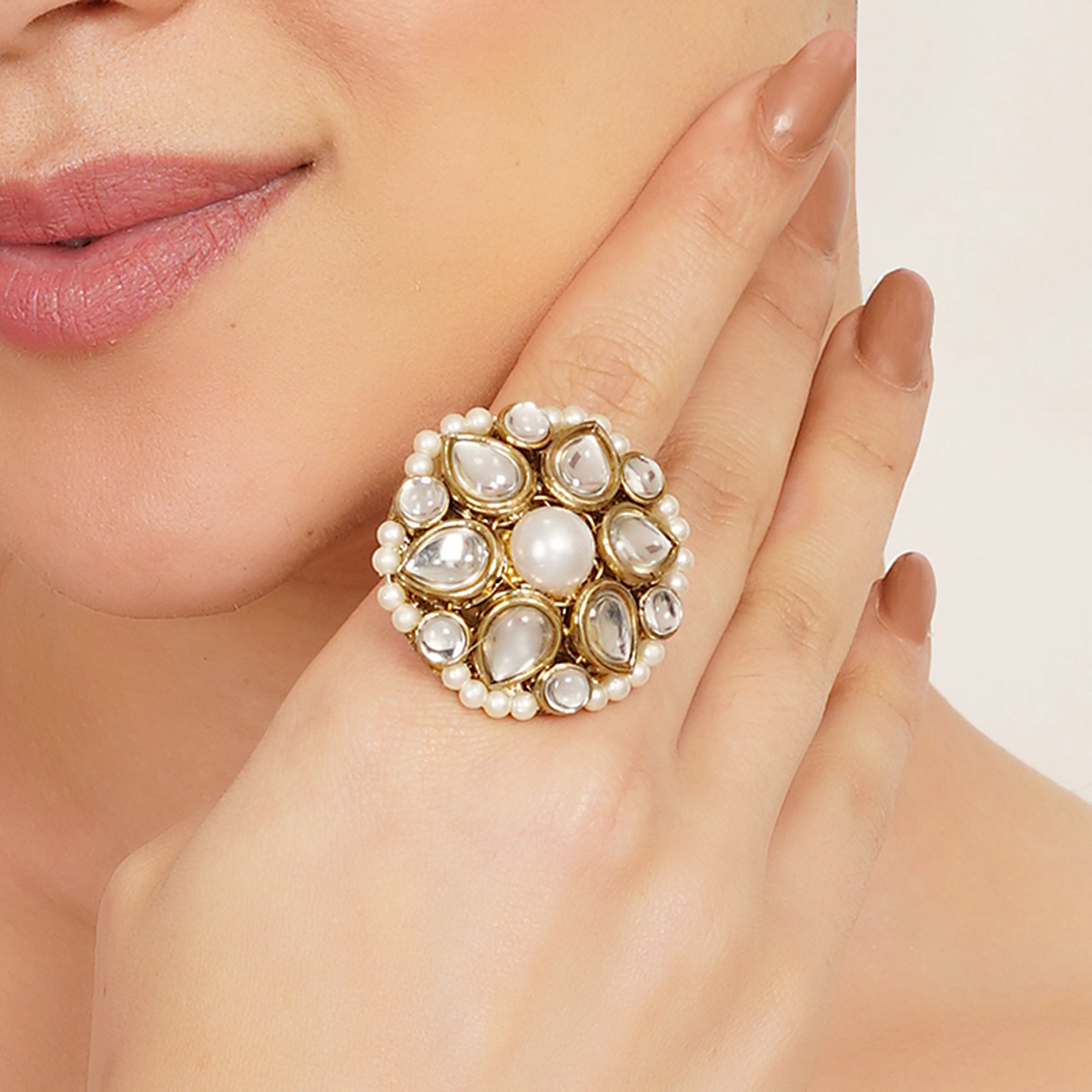 Pearl Kundan Floral Statement Ring