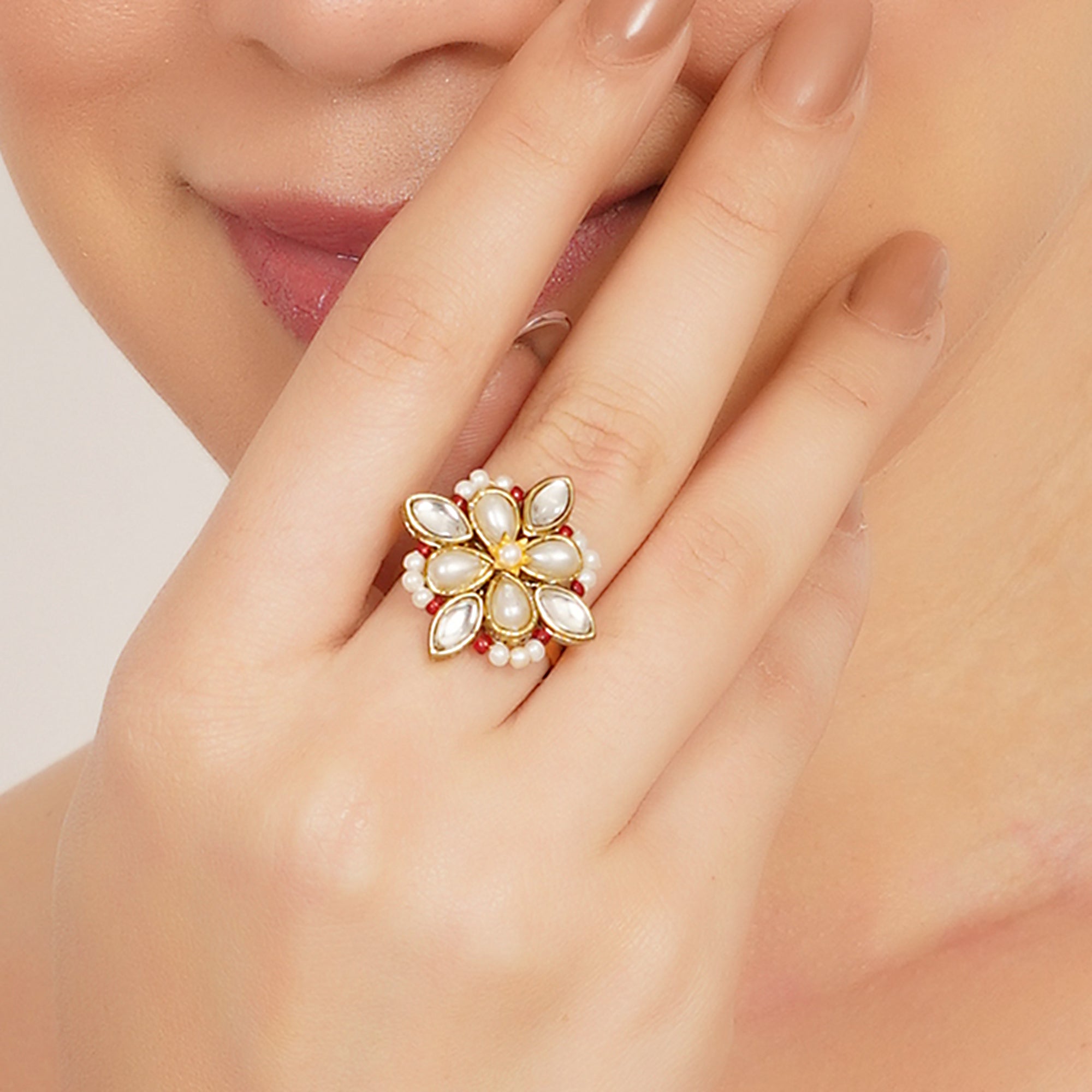 Kundan & Pearl Floral Ring