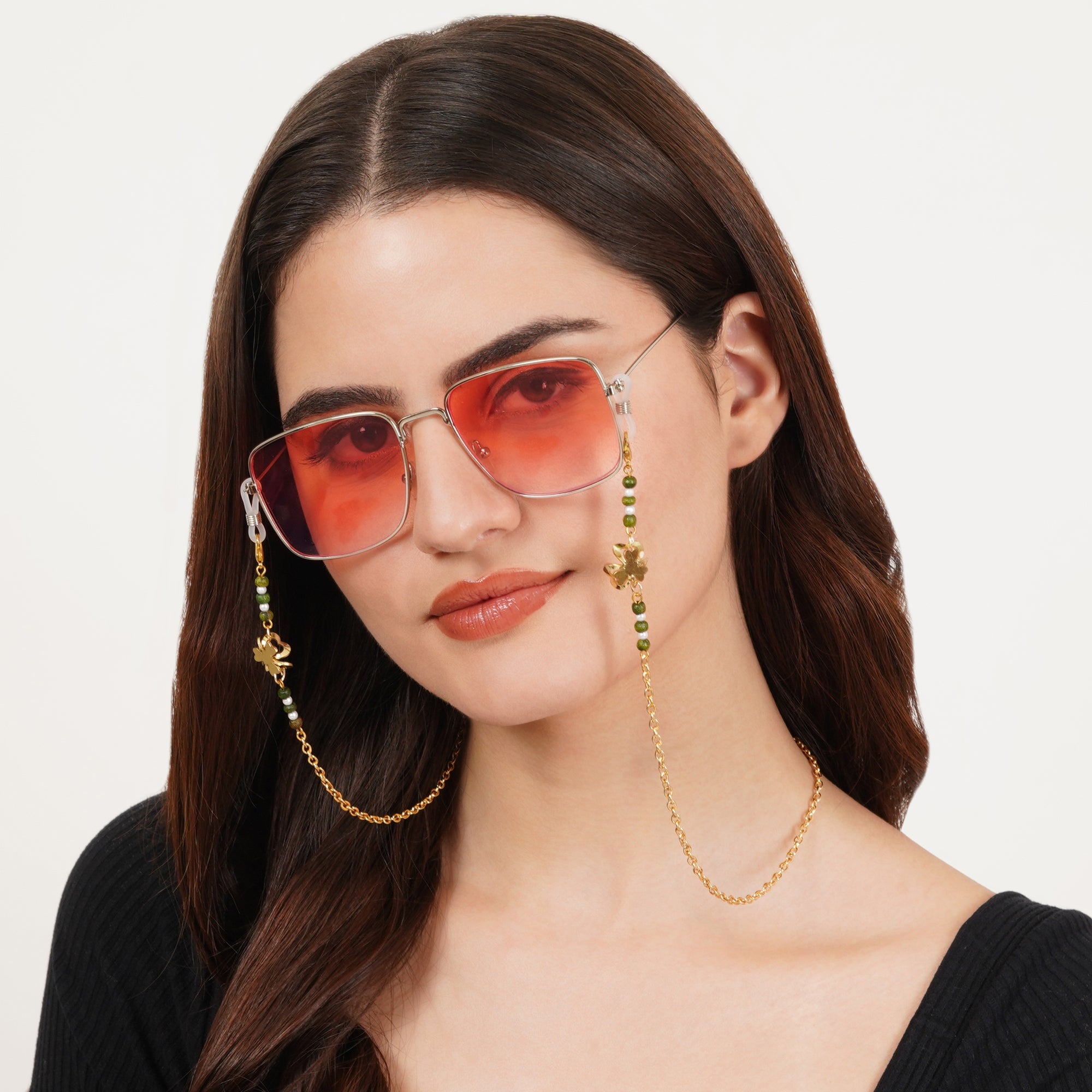 Golden Flower With Green Beads Spectacles/Air Pods Chain