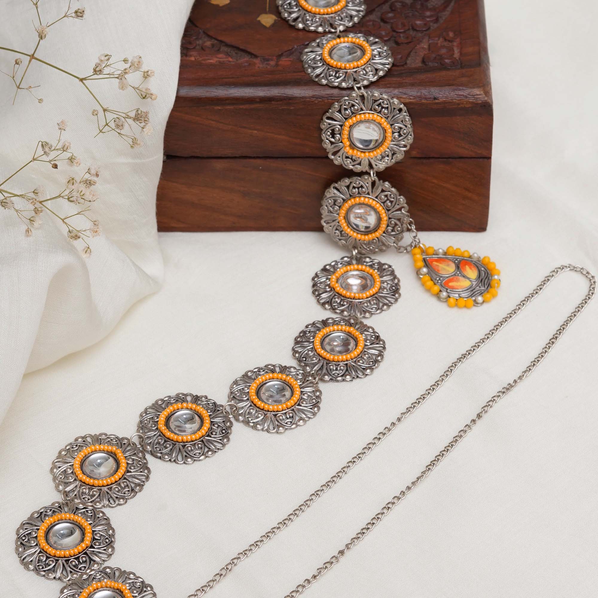 Oxidized Orange Tone Waist Belt with Floral Motifs