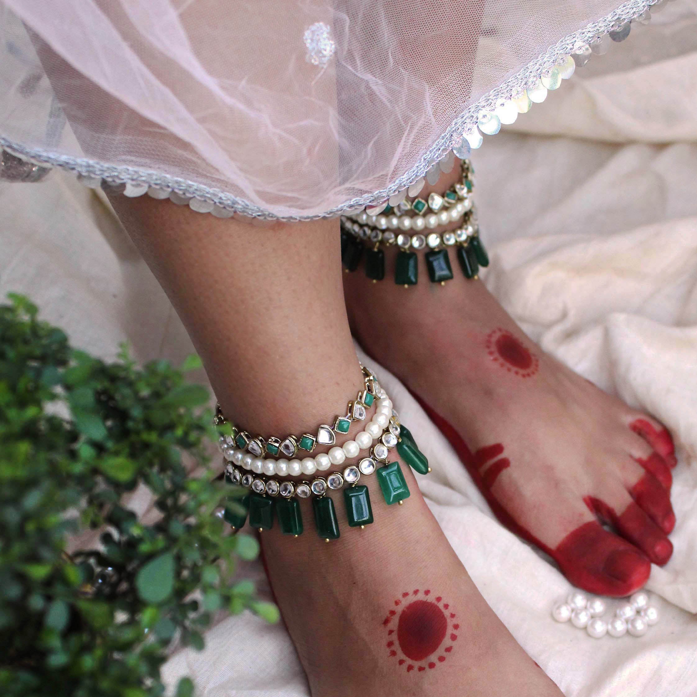 Green Glass Stone Kundan Adjustable Anklet - Set Of 2 Pieces