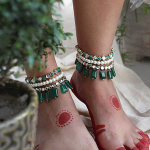 Green Glass Stone Kundan Adjustable Anklet - Set Of 2 Pieces - BeAbhika.com