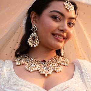 Regal Bridal Jewelry Set: Necklace, Maangtikka, Earrings, Hathphool, Anklet & Maangtikka - BeAbhika.com