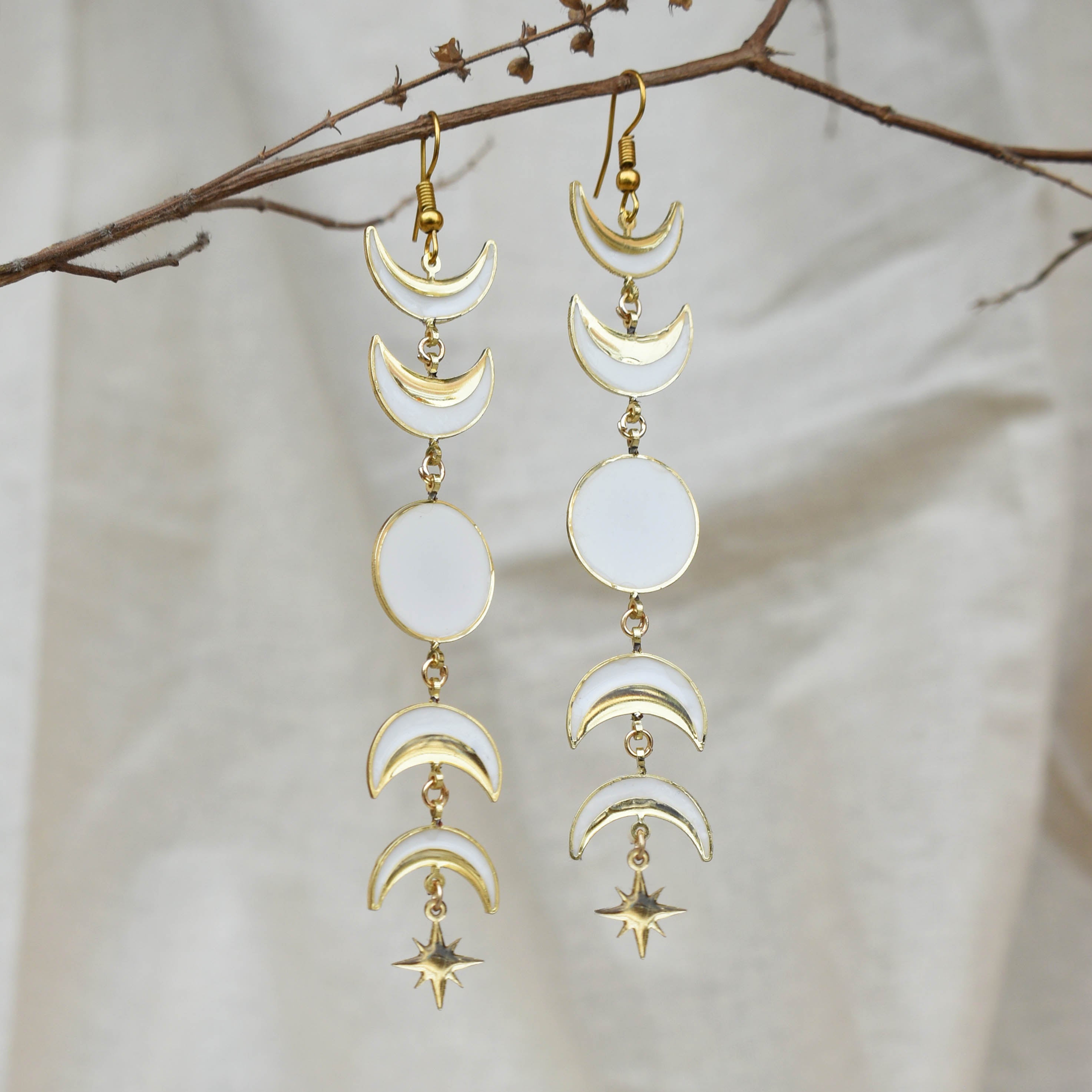 Phases Of Moon White & Golden Resin Earrings