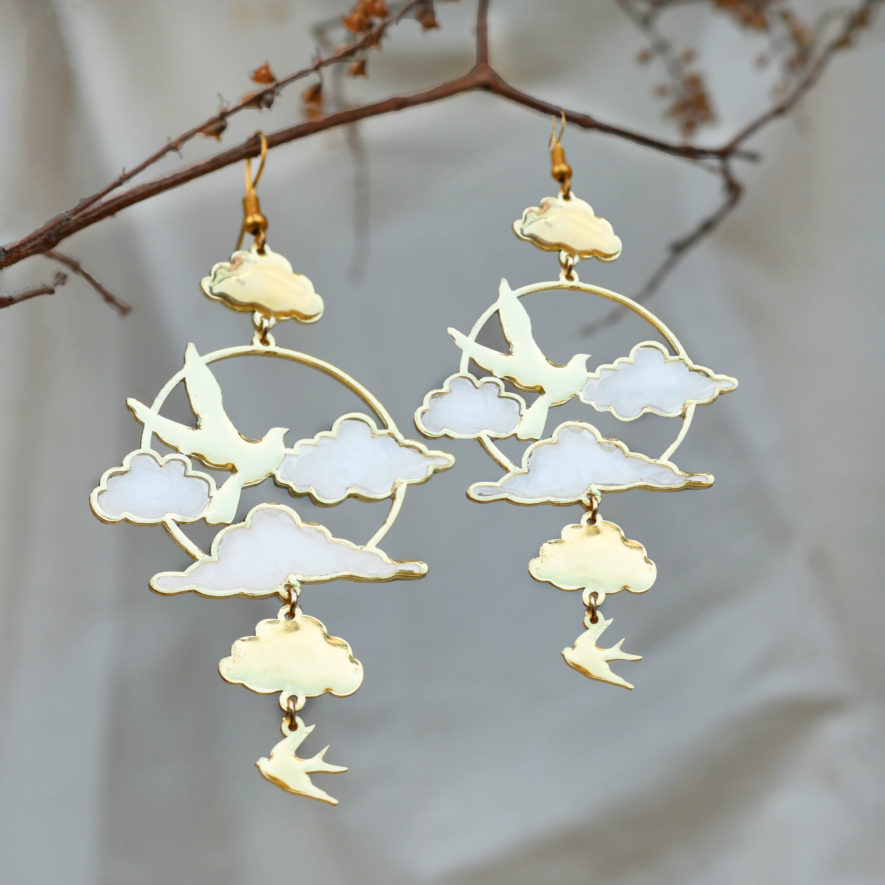 Clouds & Birds White Resin Earrings