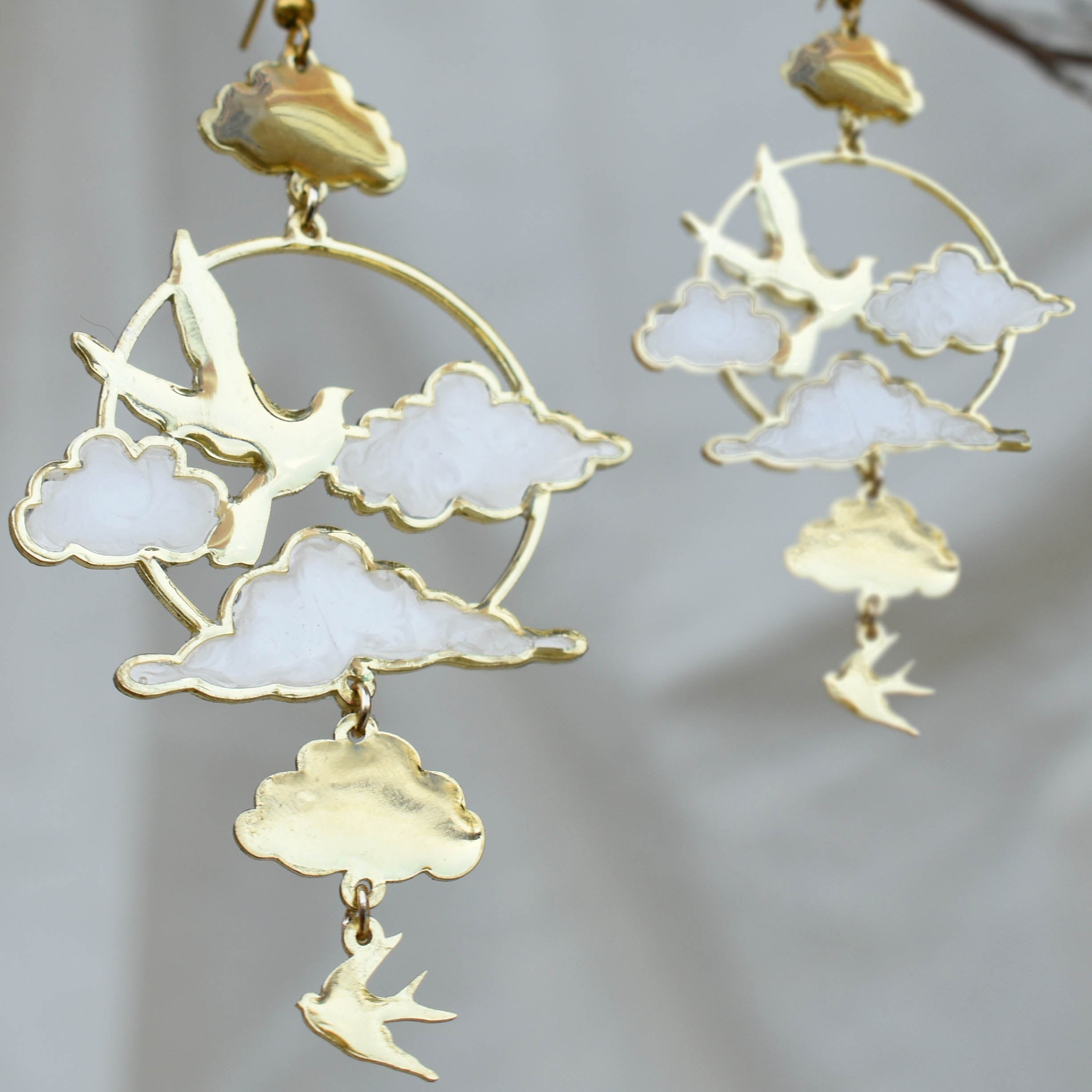 Clouds & Birds White Resin Earrings