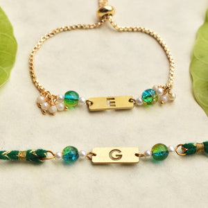 Green Grace & Pearl Charm Personalised Rakhi-Lumba Set