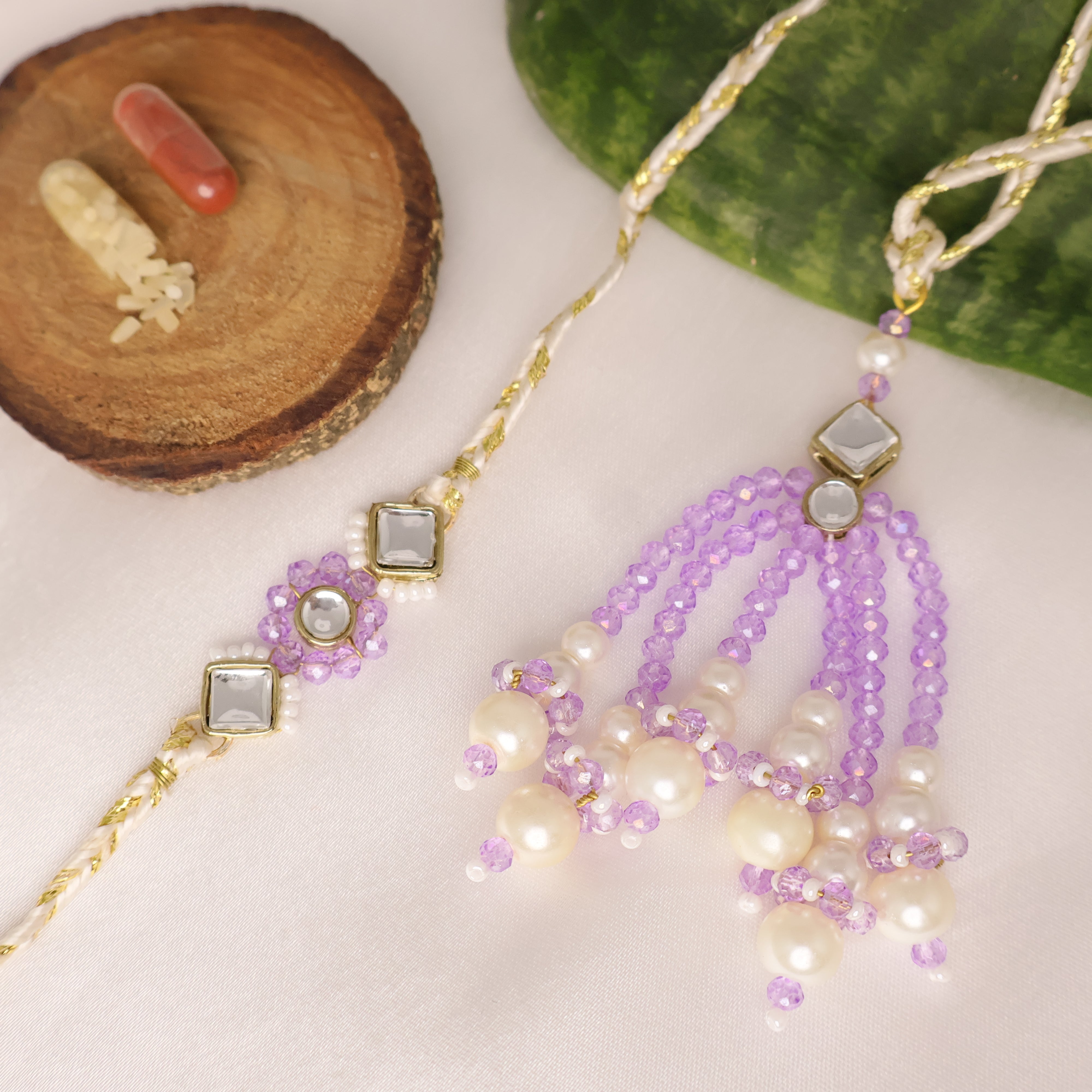 Lavender Pearl Rakhi & Lumba Set
