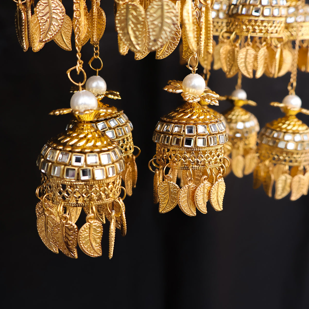Multi Layered Mirror Work Golden Jhumki & Bead Leaf Kaleere Set