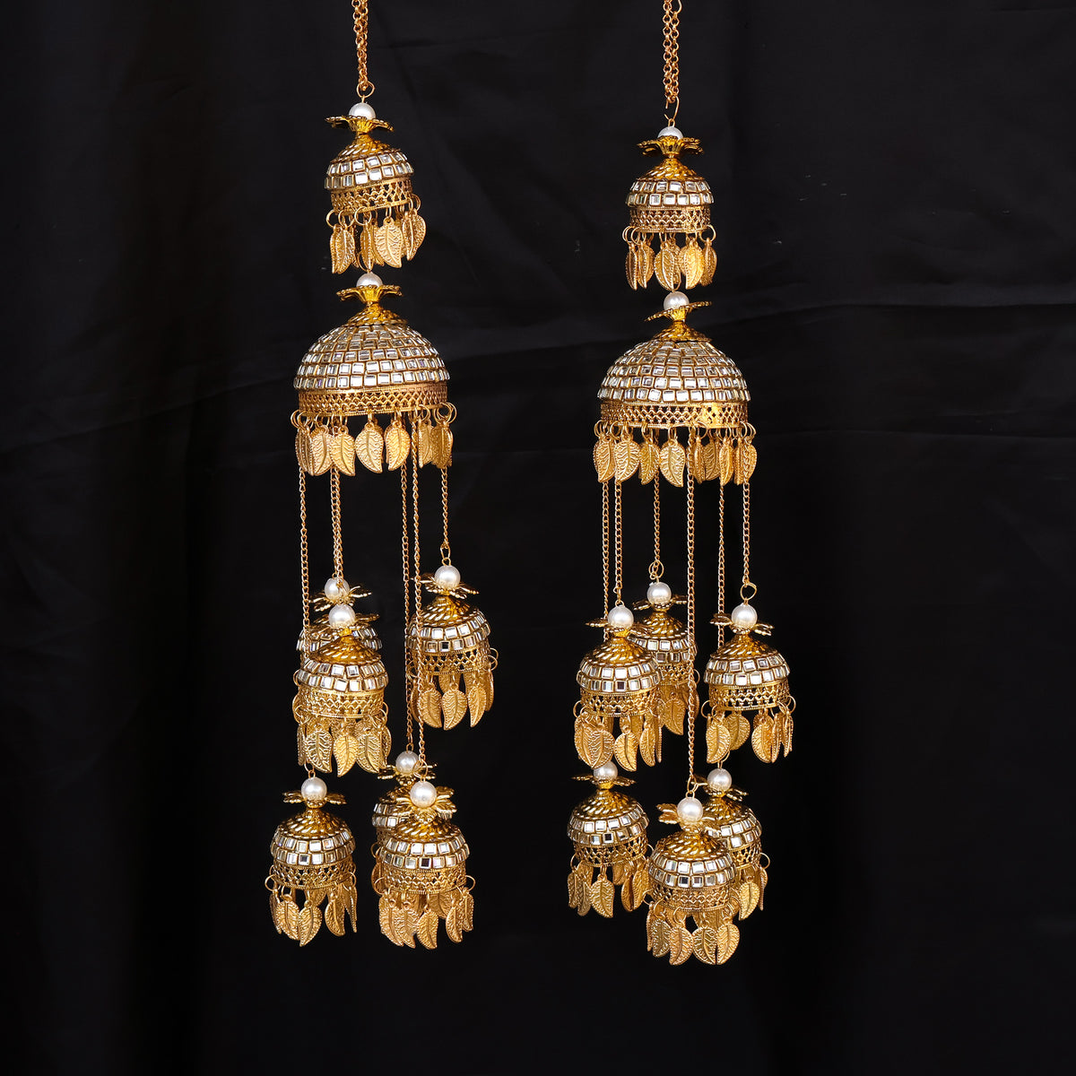 Multi Layered Mirror Work Golden Jhumki & Bead Leaf Kaleere Set