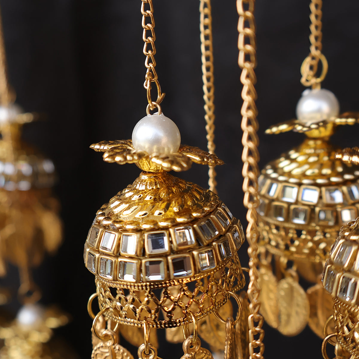 Multi Layered Mirror Work Golden Jhumki & Bead Leaf Kaleere Set