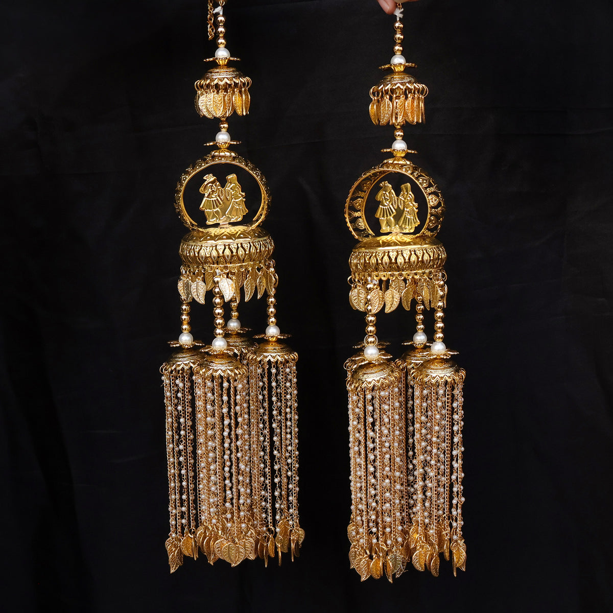 Gold Plated Couple Motif Pearl Chain Multi Layered Kaleere Set