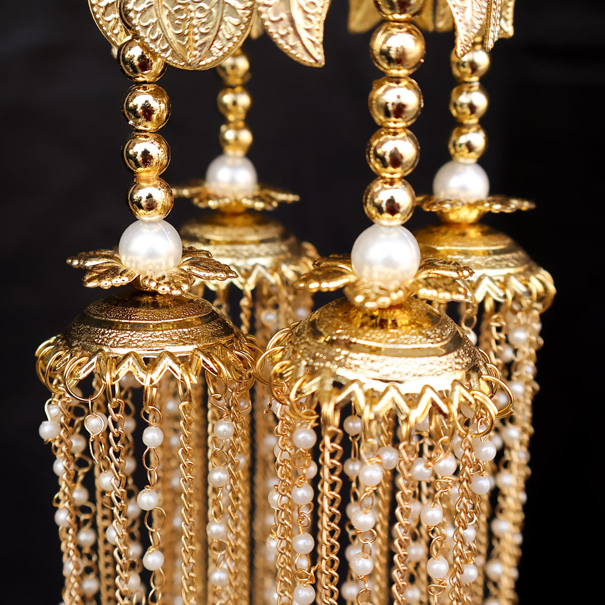 Gold Plated Couple Motif Pearl Chain Multi Layered Kaleere Set