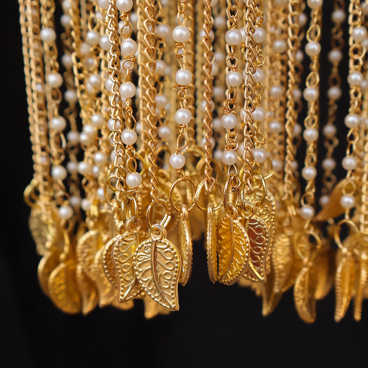 Gold Plated Couple Motif Pearl Chain Multi Layered Kaleere Set