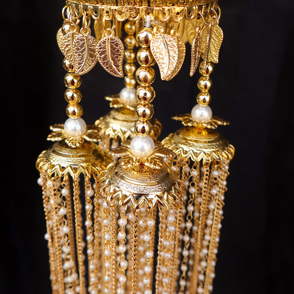 Gold Plated Couple Motif Pearl Chain Multi Layered Kaleere Set