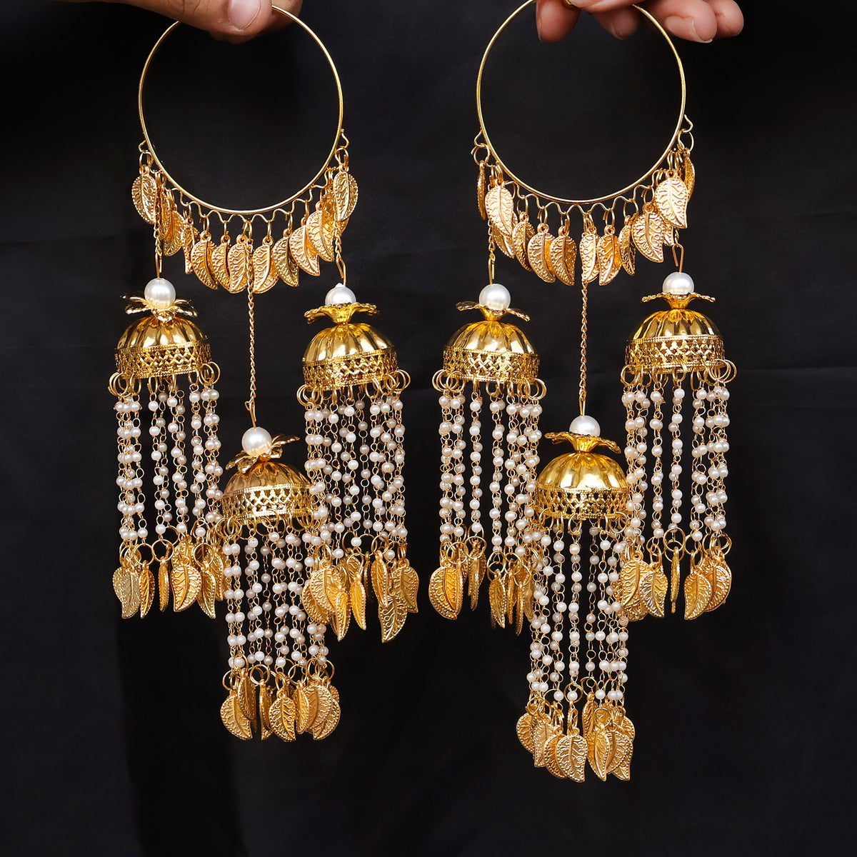 Gold-Plated Pearl Jhumki Leaf Kaleere Set