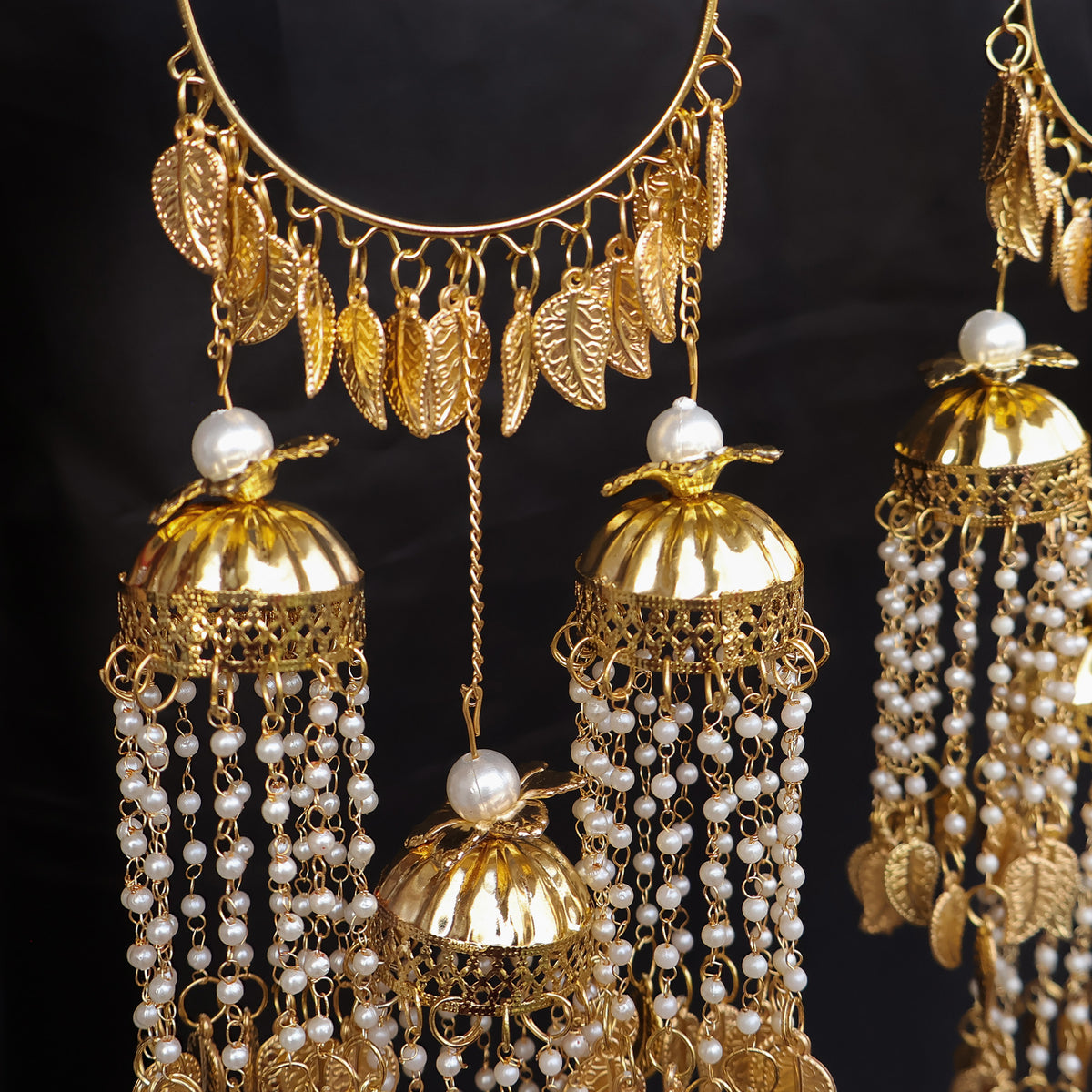 Gold-Plated Pearl Jhumki Leaf Kaleere Set