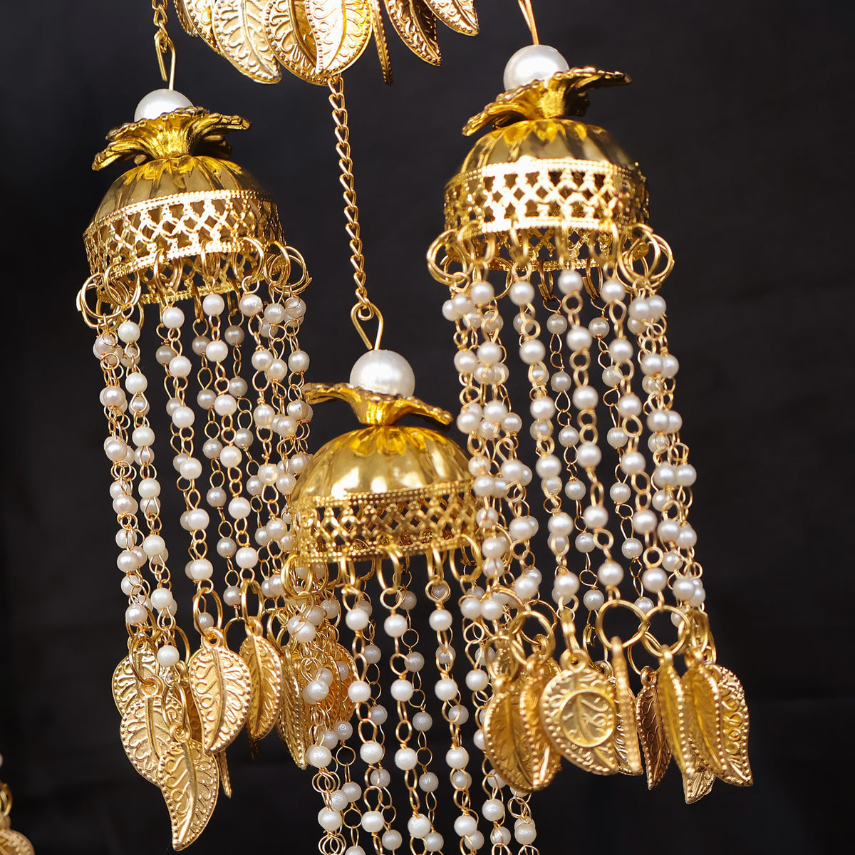 Gold-Plated Pearl Jhumki Leaf Kaleere Set