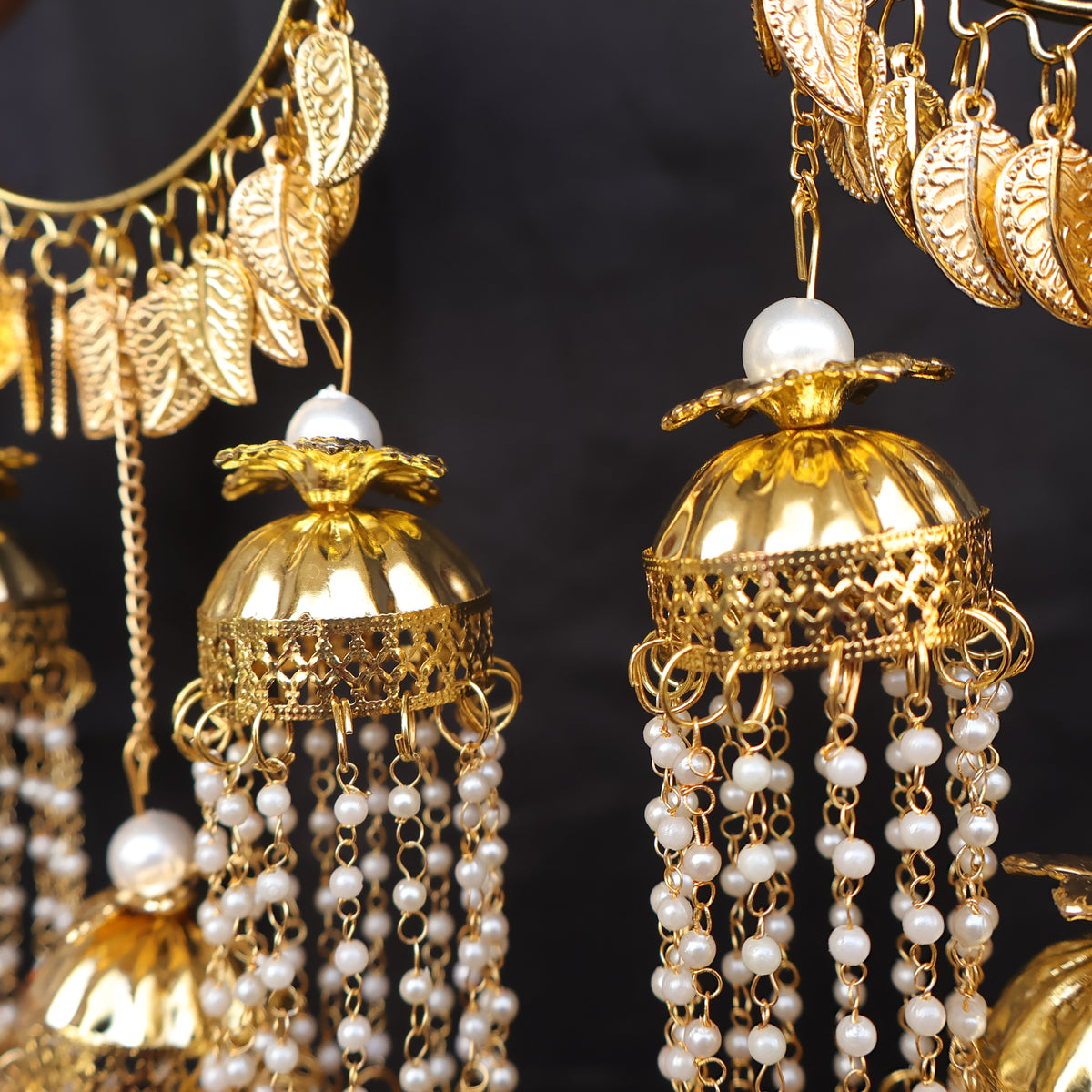 Gold-Plated Pearl Jhumki Leaf Kaleere Set