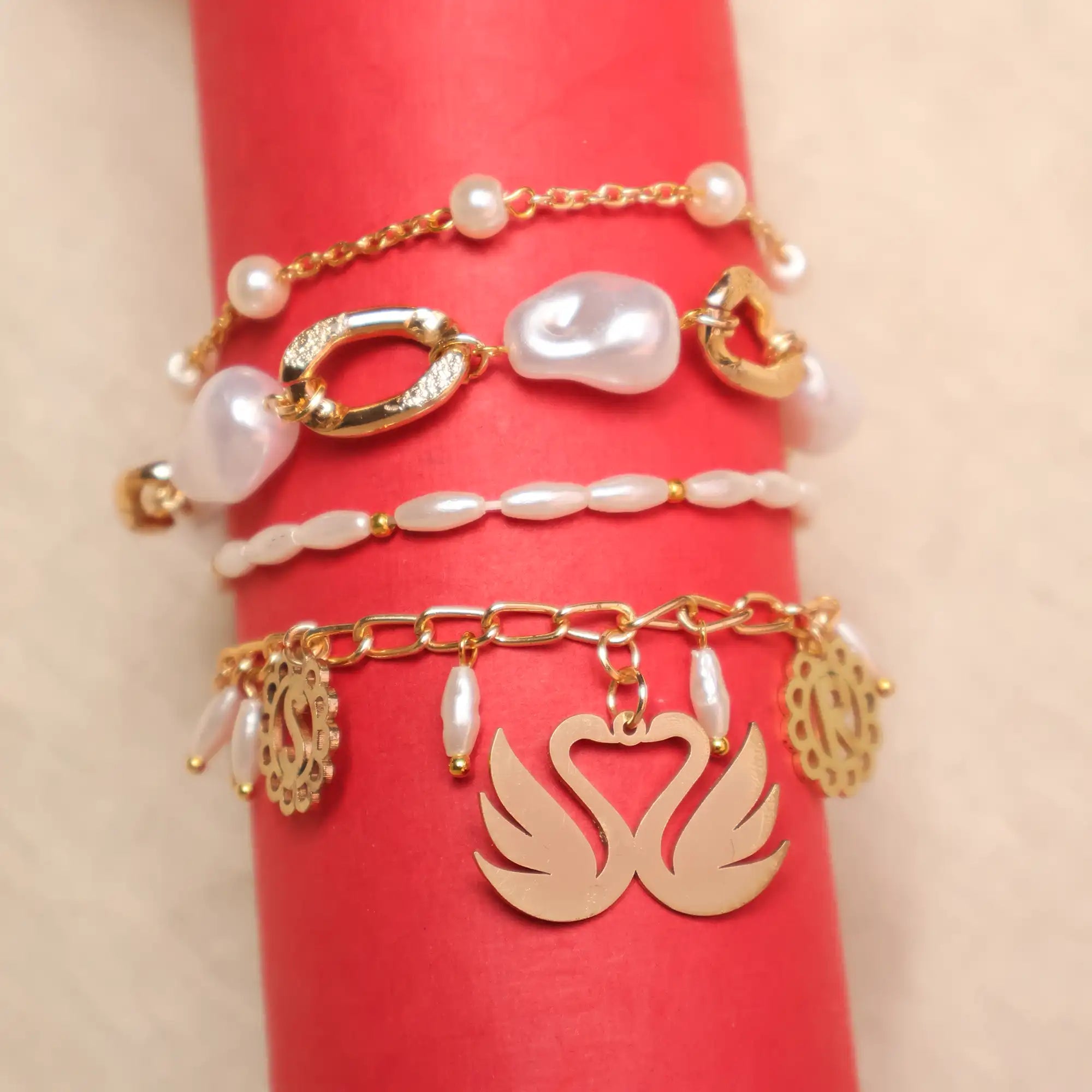 Set Of 4 Adjustable Personalised Pearl Charm Bracelet Stack With 2 Adjustable Ring