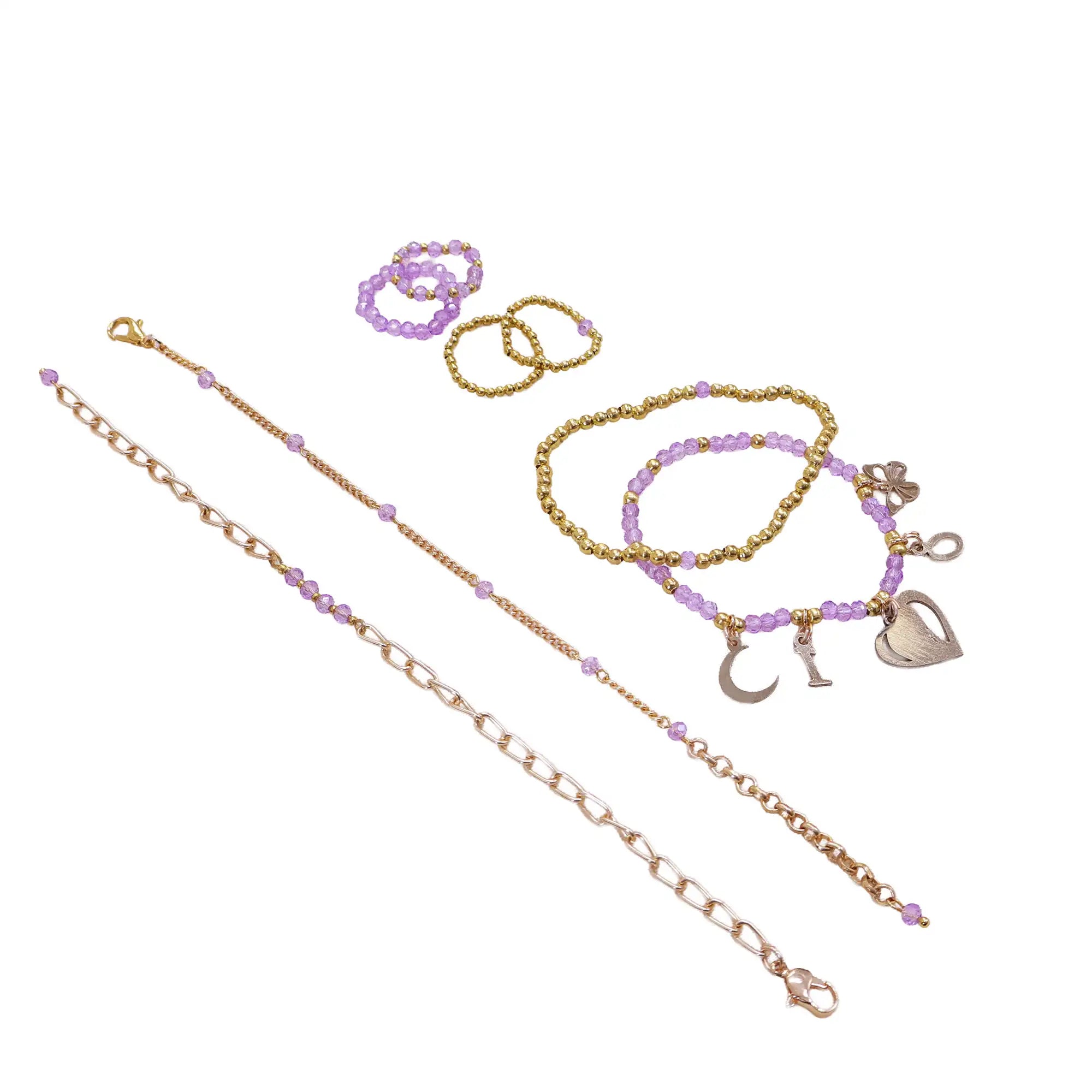 Stackable Valentine Charm Adjustable Bracelet & Ring - Set Of 4