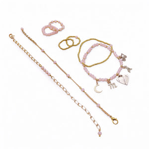 Stackable Valentine Charm Adjustable Bracelet & Ring - Set Of 4