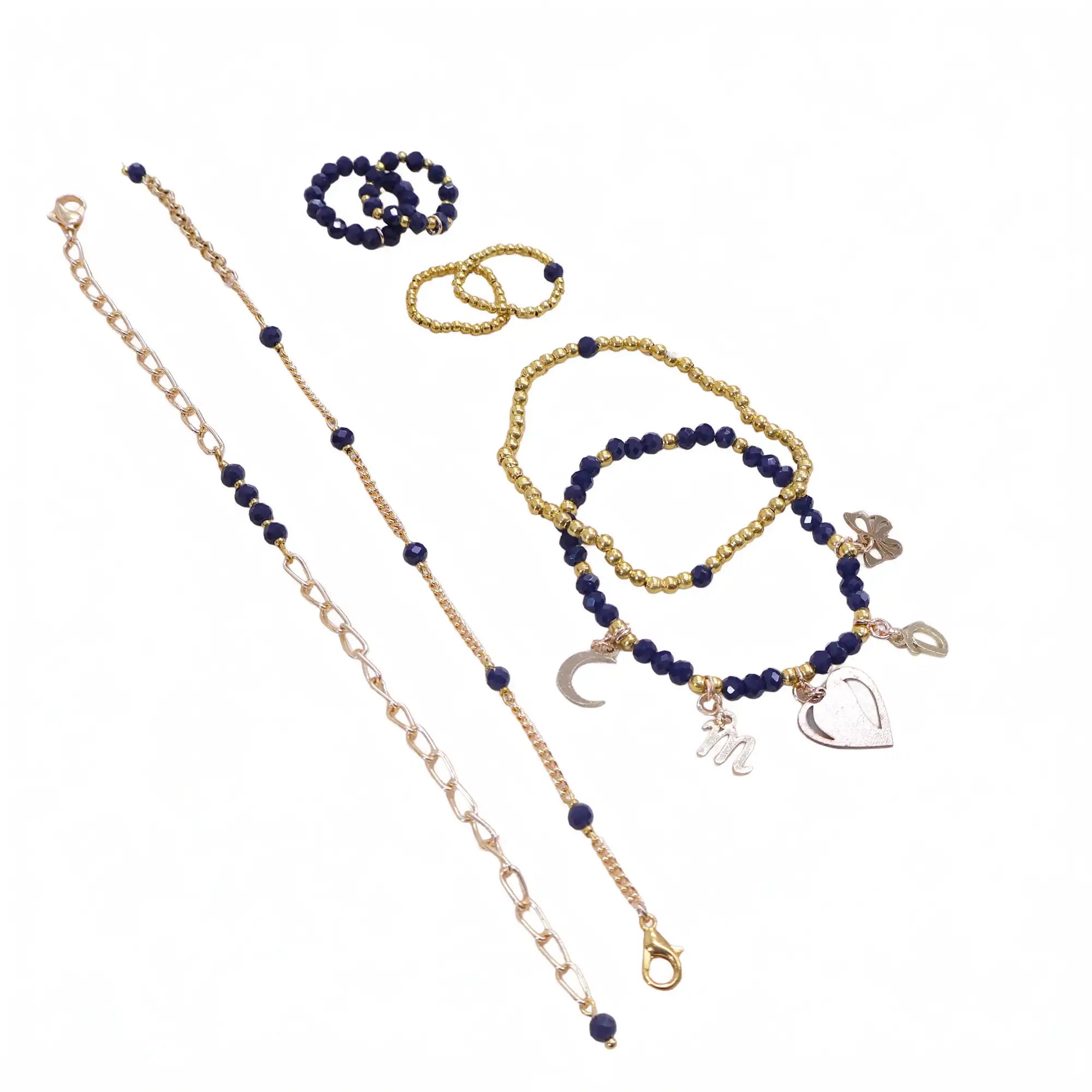 Stackable Valentine Charm Adjustable Bracelet & Ring - Set Of 4