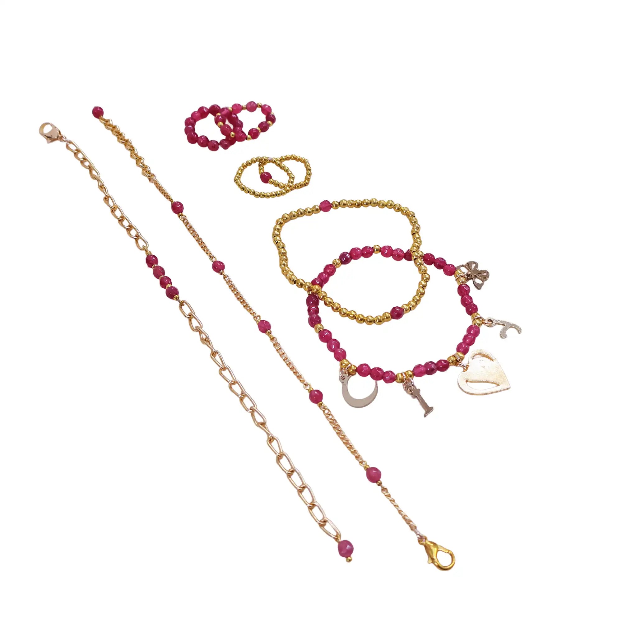 Stackable Valentine Charm Adjustable Bracelet & Ring - Set Of 4