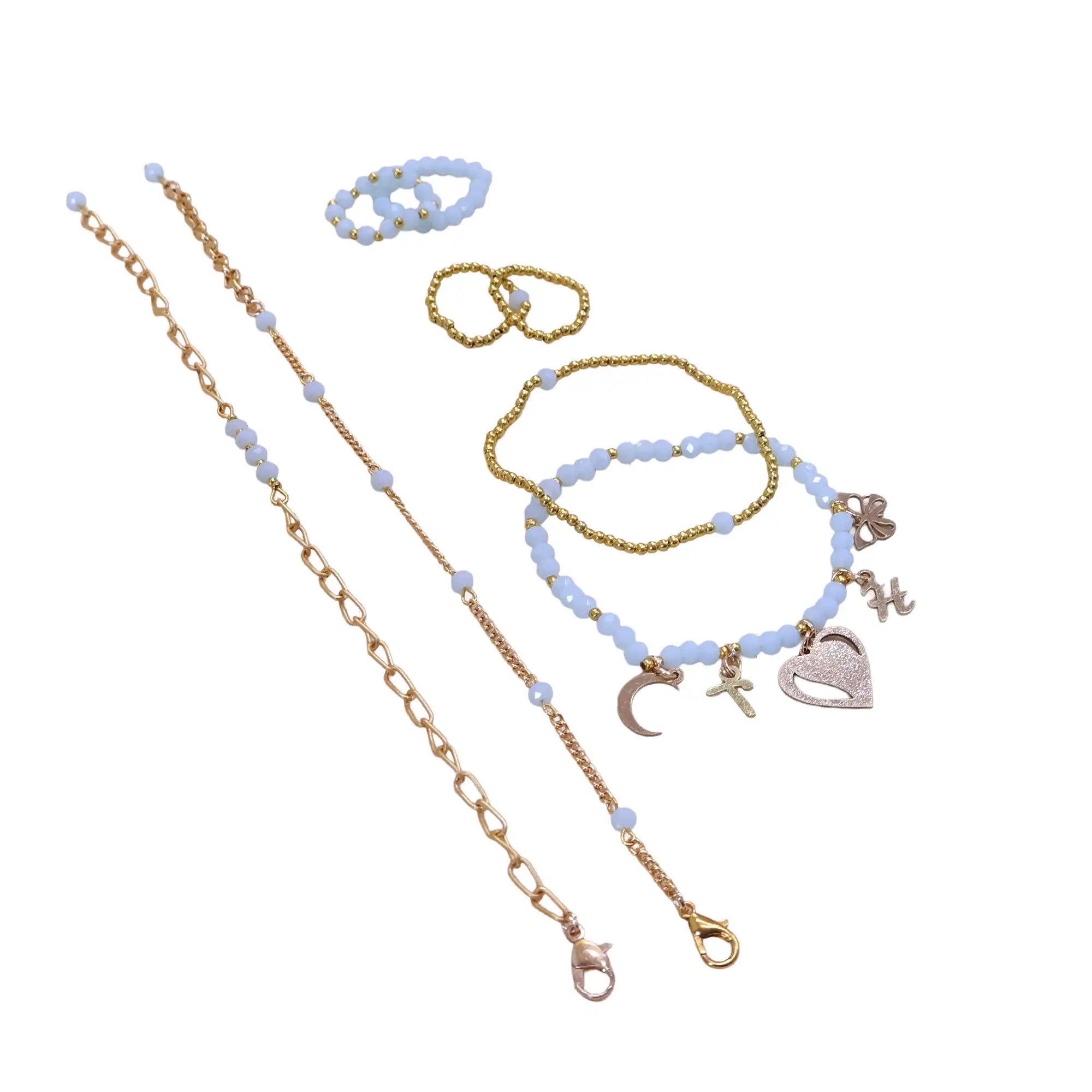 Stackable Valentine Charm Adjustable Bracelet & Ring - Set Of 4