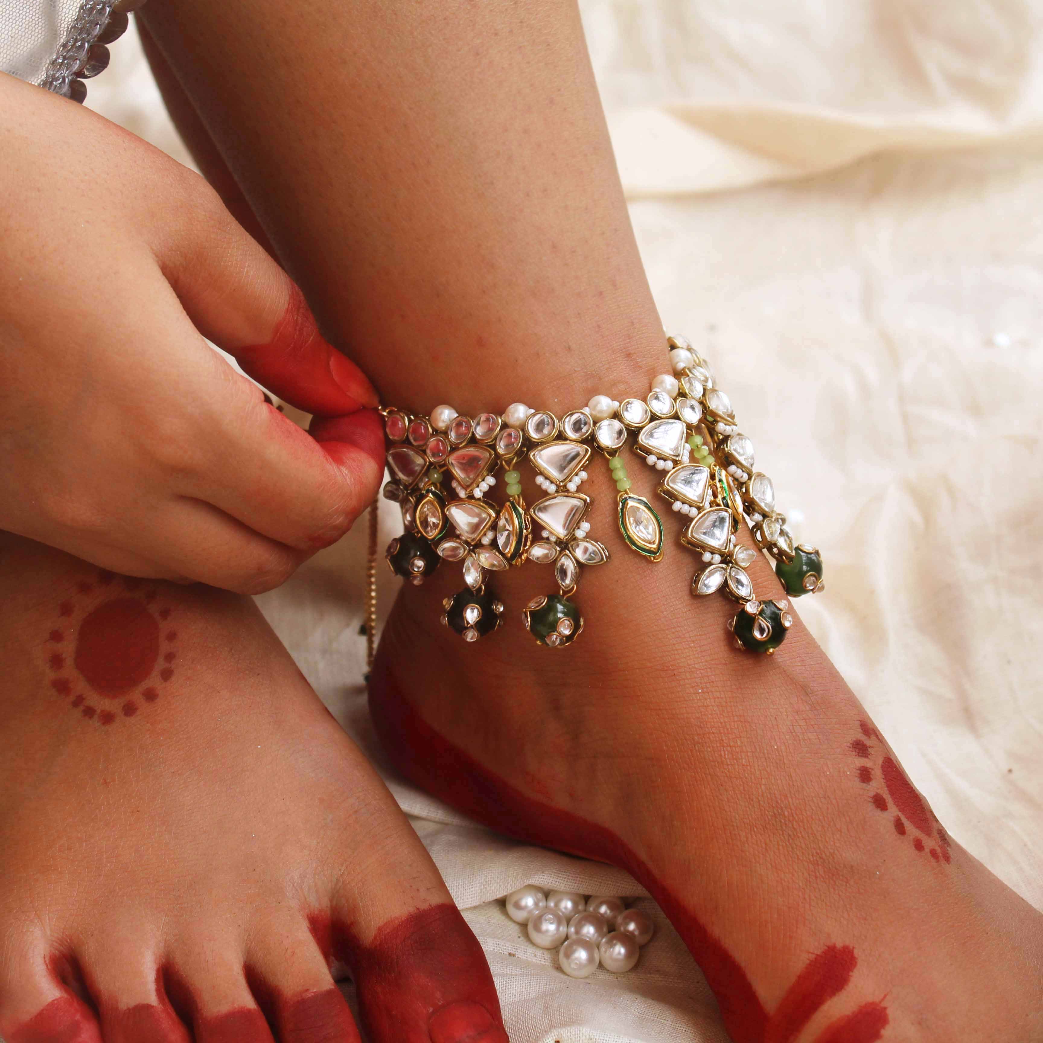 Kundan & Beads Adjustable Anklet - Set Of 2 Pieces