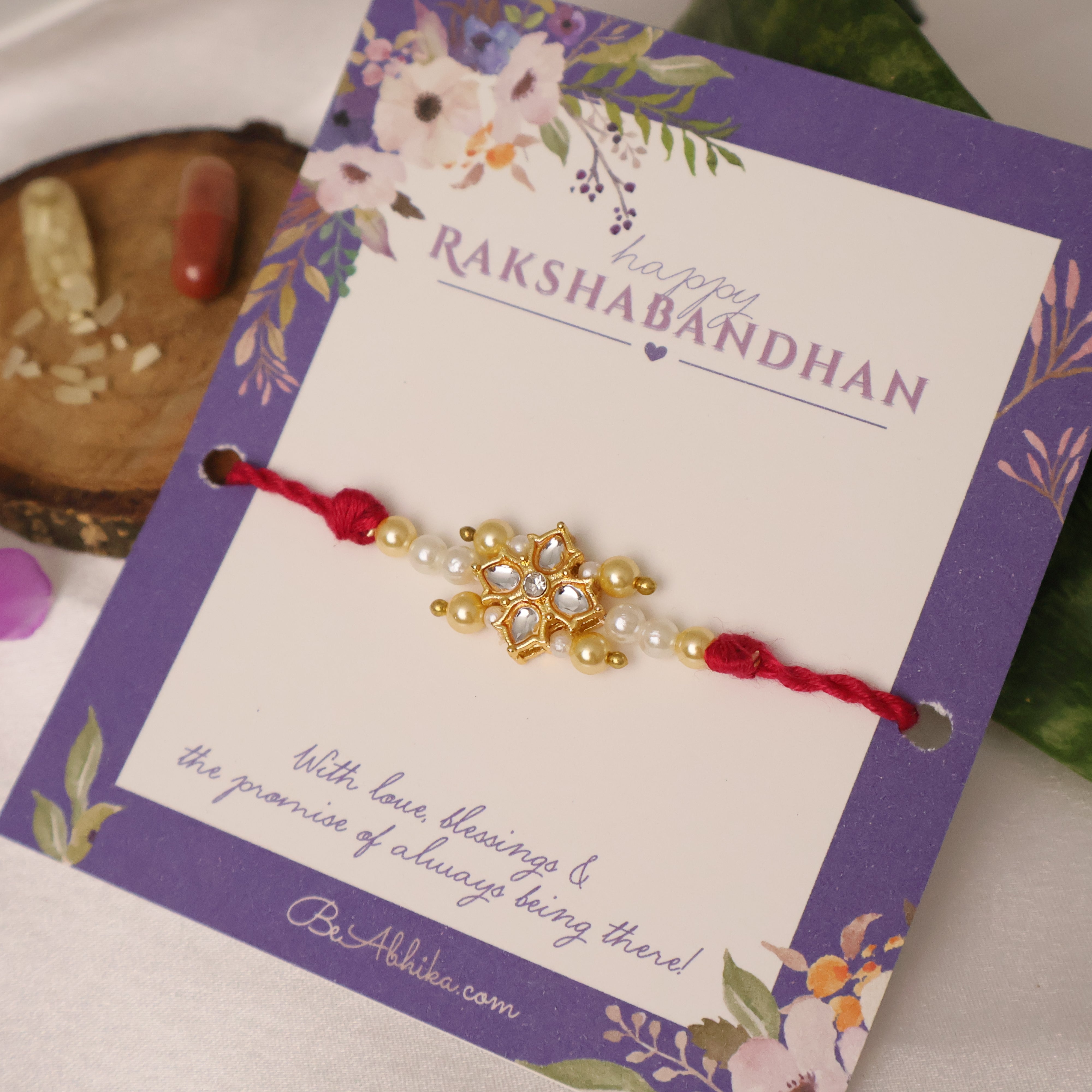 Kundan Floral Pearl Red Rakhi
