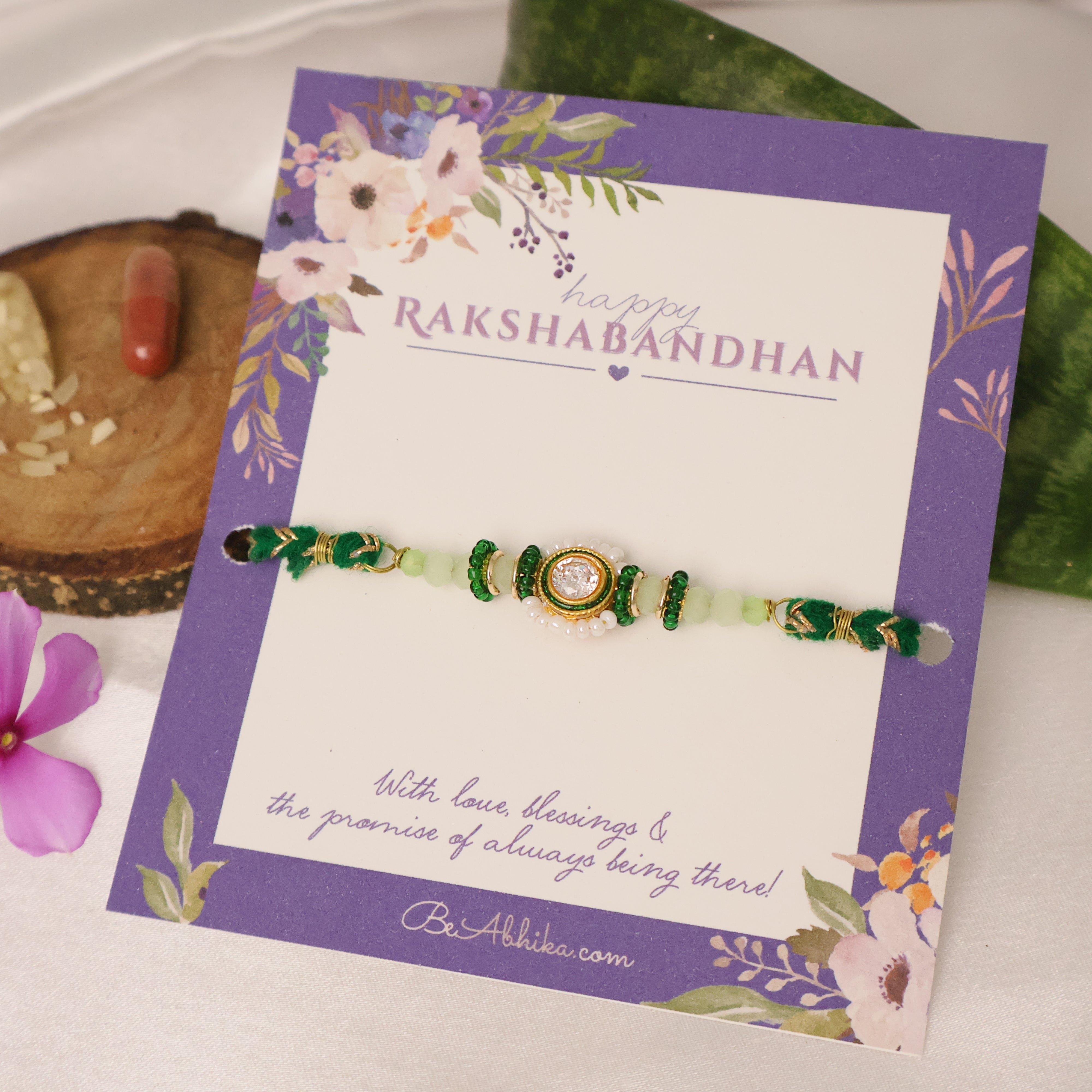 Green Beaded Floral Charm Rakhi