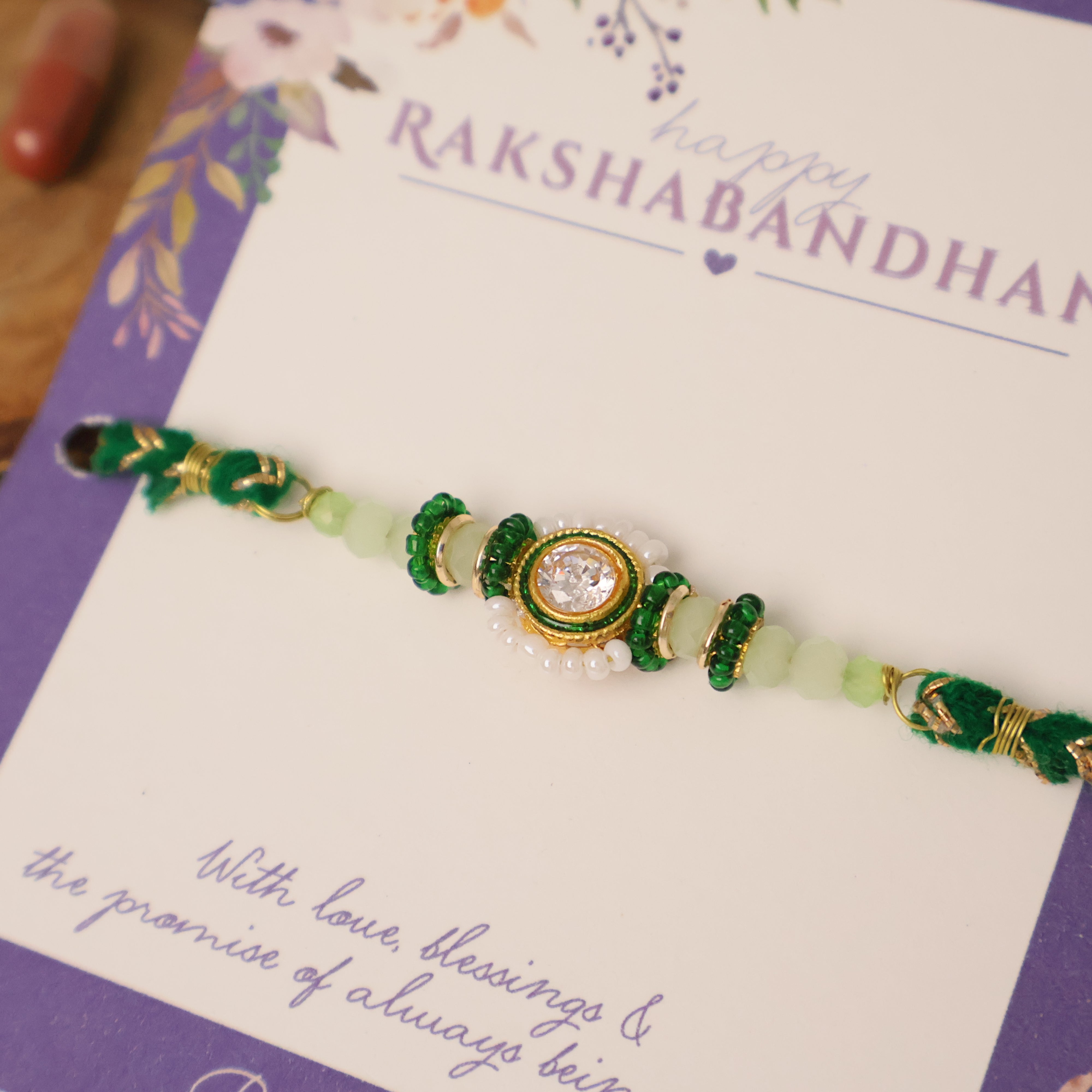 Green Beaded Floral Charm Rakhi