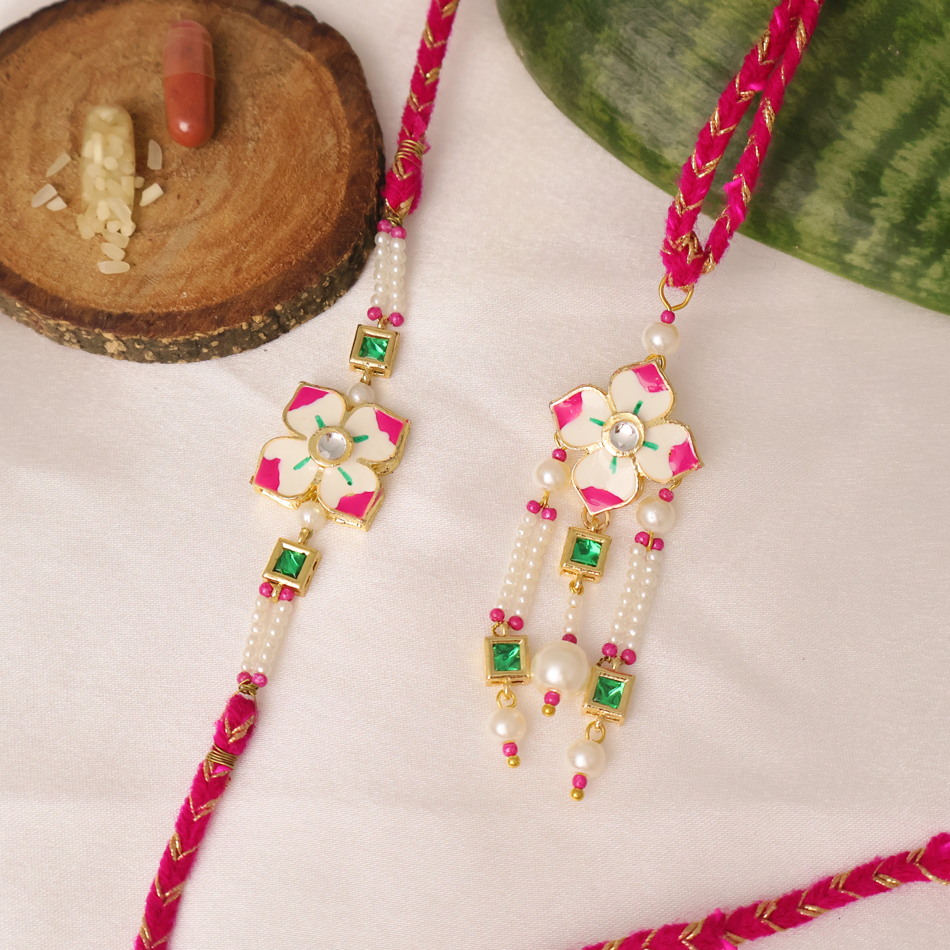 Pink Floral Pearl Rakhi & Lumba Set